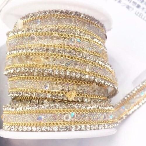 9Yards Beaded Chain Lace Trim Iron On Rhinestones Applique Crystal Ribbon Sewing On Wedding Dresses Belt Shoe DIY Accessory