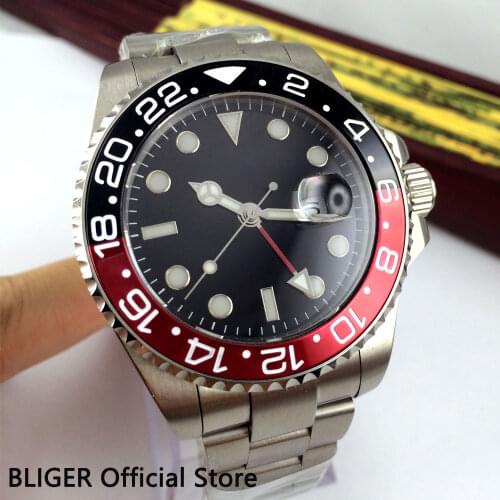 Bliger 43mm sterile black dial Sapphire Glass GMT Function date luminous turning bezel Automatic movement mens watch men B305