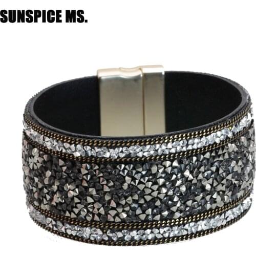 Bohemia Full Rhinestone Charm Bracelets Magnetic Clasp Broadside Crystal Leathers Bracelet For Women Ethnic Banquet Jewelry 2018