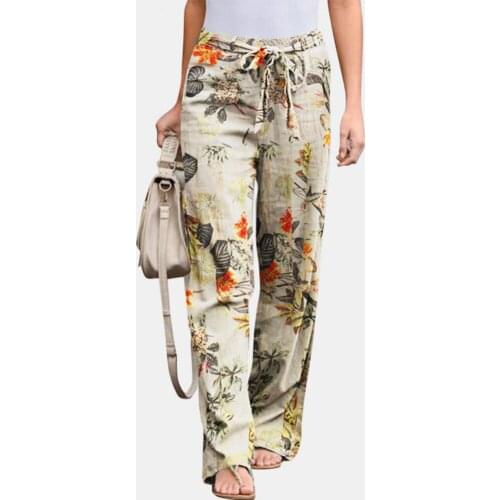 Women Pants Floral Print Drawstring Trousers Mid Waist Straight Wide Leg Loose Long Pants New Fashion Femme Trousers Capris