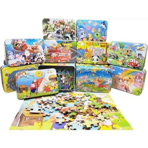 Wooden childrens early education puzzle 100 pieces iron box jigsaw puzzle Puzzle Animation toy