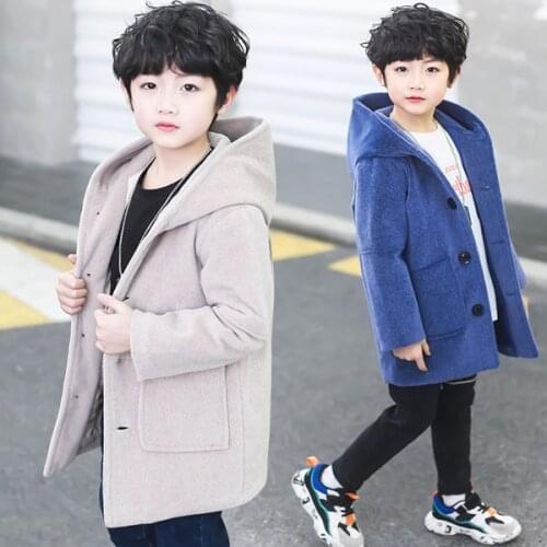 Childrens woolen coat boy hooded cotton-padded coat fashion 4-14 years old