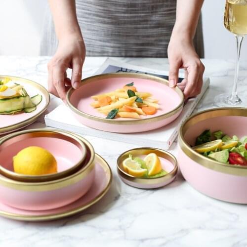 LingAo Ceramic pink color golden slim dinner plate set mixing rice soup ramen bowl for lady