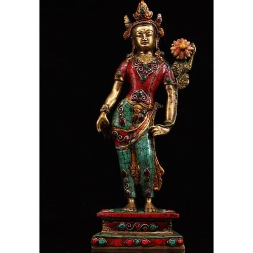 16"Nepal temple collection Old Bronze outline in gold Painted mosaic Gem Tantra Green Tara Standing Buddha Enshrine the Buddha