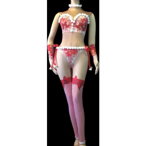 Nightclub Women Sexy Strapless Bow Pattern Slim Stage Costumes Fashion Round Ball Female Dancer Performance Bodycon Jumpsuits