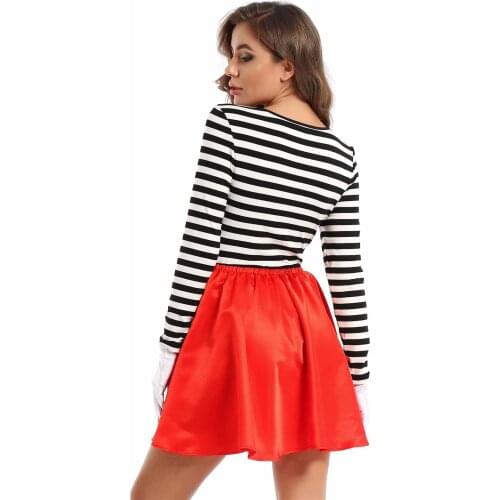 Red Womens Femme Artist Clown Circus Fancy Dress Up Stripe Top Satin Red Dress Halloween Parties Mesmerizing Mime Costumes