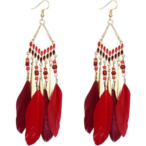 Colorful Long Tassel Feather Earrings for Women Handmade Indian Feather Earring Jewelry with Acrylic Beads Bohemian Earings 2019