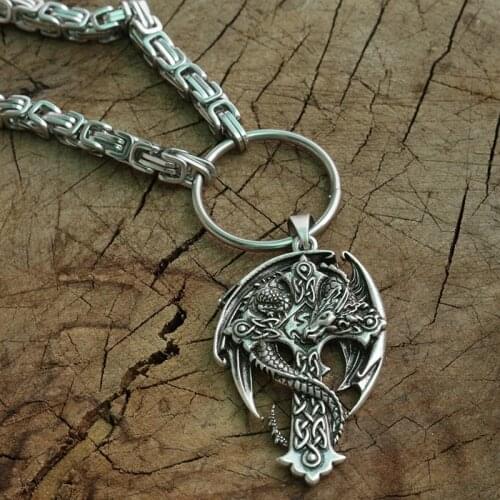 Celt dragon pendant men cross necklace, dragon necklace, guardian cross, religious cross jewelry with stainless steel chain