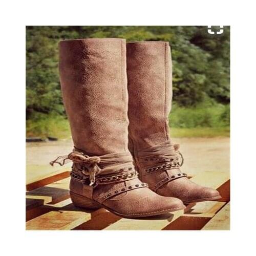 New Womens Vintage Studded Boots Knee-High Low Chunky Heel Pointed Toe Heels Boots Female Leather Western Cowboy Boots Women