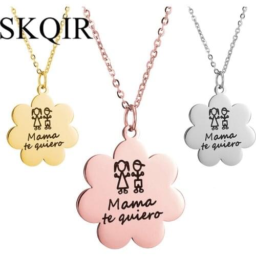 I Love You Mama Necklace 3 Colors Steel Chain Choker Engrave Kid Stick Figure Flower Pendant Mom Mothers Day Gift Women Jewelry