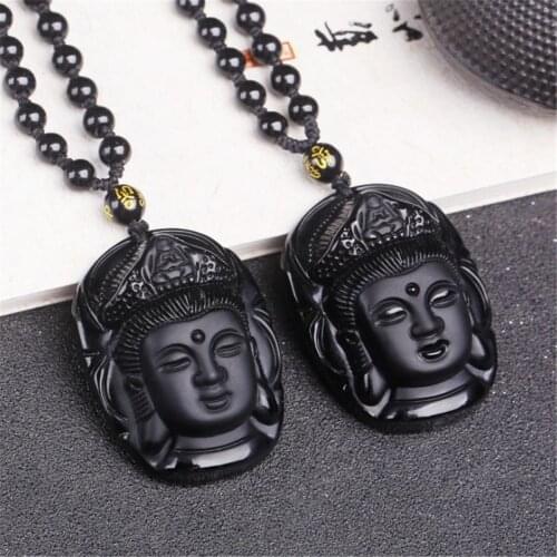 Natural Obsidian Carved Jade Guanyin Buddha Head Lucky Amulet Necklace Pendant