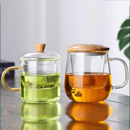 Modern and Fashionable Filter Flower Tea Mug with Wooden Lid and Handle Three-piece Glass Tea Cup Thickened Glass