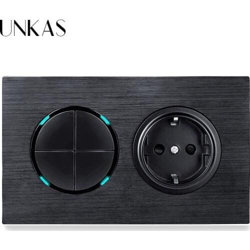 UNKAS 4 Gang 1 Way / 2 Way + EU Standard Wall Power Socket On / Off Light Switch LED Indicator Black Aluminum Panel 16A