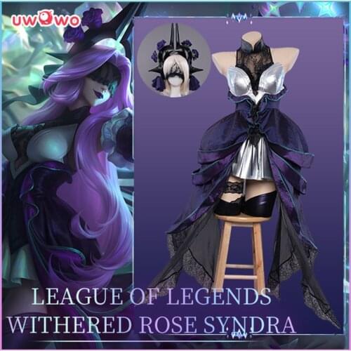 UWOWO LOL Syndra Cosplay Costume LoL Withered Rose Syndra Cosplay Costume Women Dress Full Set Gloves Socks Headwear