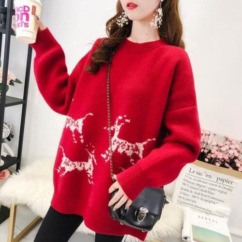 ZITY Loose Casual Sweater And Jumpers Crew Neck Christmas Deer Red Sweater Tops Warm Thick Winter Pull Jumpers Pullover Women