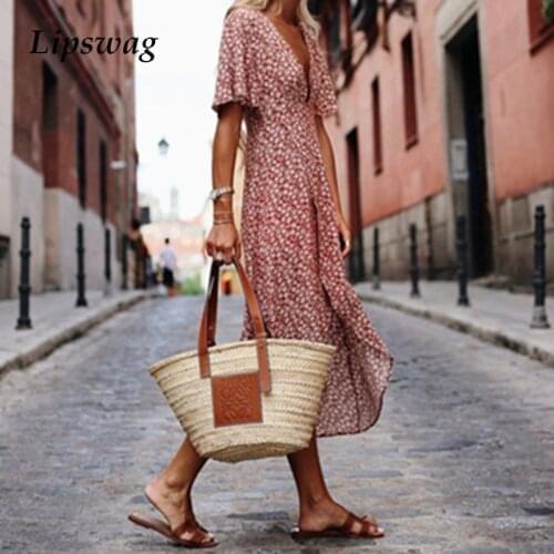 Summer Retro Floral Print Split Party Dress Women Short Sleeve Irregular Long Dress Spring V Neck Loose Casual Dresses Vestidos
