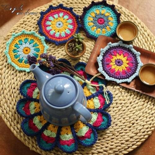 Retro Handmade Crochet Round Doilies Japanese Tea Ceremony Ancient Round Tea Peacock Screen Saucer Cushion Plate 26CM+12CM 10PC