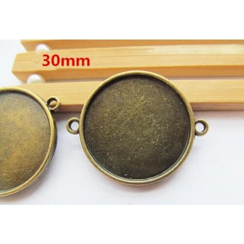 100pcs Antique Silver/Bronze Base Setting Tray Bezel Connector Charm,fit 30mm Round Cabochon/Cameo,Double Same Side,Two Loops