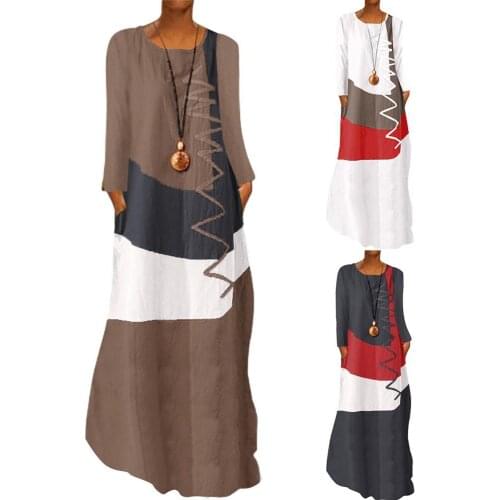 50% Hot Sales Women Vintage O Neck Long Sleeve Color Block Wavy Line Pockets Maxi Loose Dress