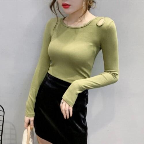 #8590 Sexy Hollow Out Basic T Shirt Women Solid Color Slim Long Sleeve T Shirt Femme Cotton O Neck Spring Autumn Women T Shirt