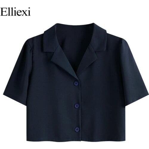 Elliexi Notched Shirts Blouse Women Short Sleeve All-match Trendy Streetwear Female Clothing Office Lady Work Loose Tops Shirt