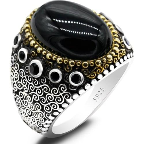 Big Black Agate Ring for Men Sterling Silver 925 Vintage Natural Stone and Zircon Male Rings Turkish Handmade Jewelrty Gift