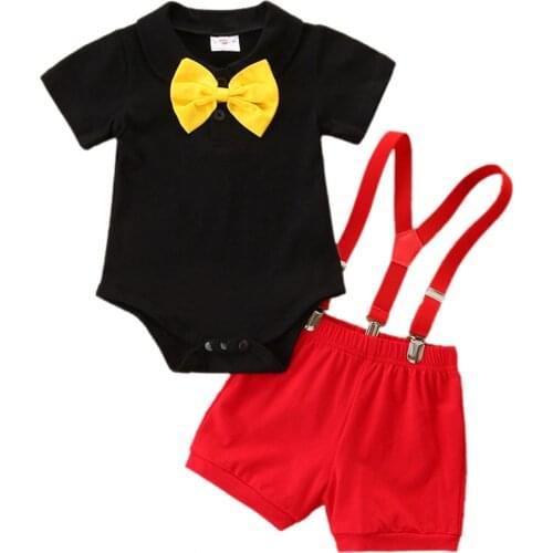 1-2Y детская одежда 2pcs Baby Boys Clothes Black Cotton T-Shirt Short Red Overalls Pants комплекты одежды
