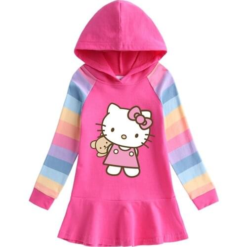 Sanrio hello kitty 2021 spring autumn cartoon cotton rainbow girl dress childrens long-sleeved hooded sweater princess jacket