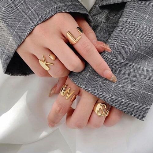 Couple Rings 2020 Trend A-Z Letters Adjustable 18k Gold Rings for Girls Vintage Mens Rings on Finger Brass Jewelry for Women
