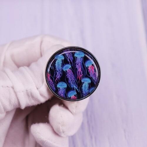Luminescent Rainbow Jellyfish on Navy Blue Pin fantasy Brooch Fashion Jewelry Gift
