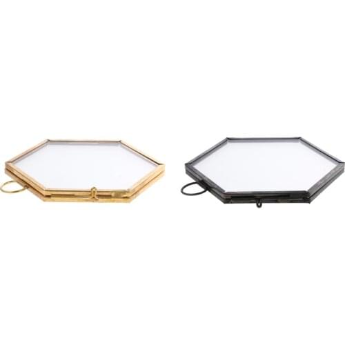Pack of 2 Hanging Metal Glass Hexagon Photo Picture Frame Keepsake Gift Collage Pressed Leaves Holder Gold+Copper