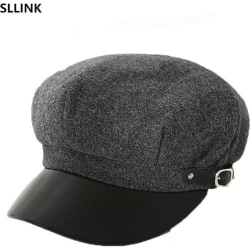New womens octagonal hat short plush fur leather metal buckle painters hat British retro fashion Beret bonnets