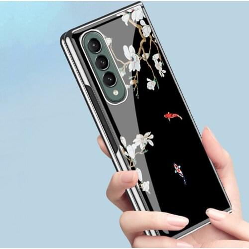 New Funda Case for Samsung Galaxy Z Fold 3 Z Fold 2 Rose Flower Fish Pattern Plating Tempered Glass Coque Phone Case Cover