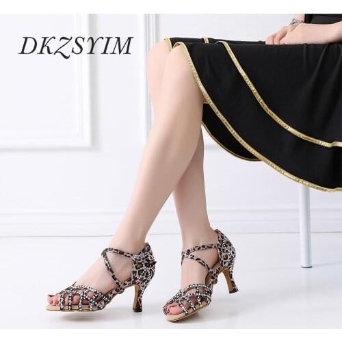 DKZSYIM Latin Dance Shoes Women/Ladies Ballroom Leopard Salsa Dancing Shoes Cuban Heels 8.5CM/10CM Party Dance Shoes Suede Soles