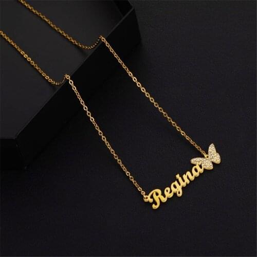 3UMeter Custom Name Necklace Stainless Steel Diamond Butterfly Necklace Personalized Women Jewelry Gift