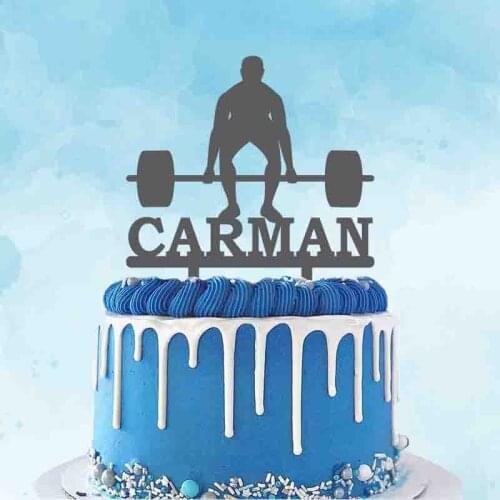Personalized Weightlifting Cake Topper Custom Name Man Lifting Weights Silhouette Weightlifter Birthday Party Cake Decoration