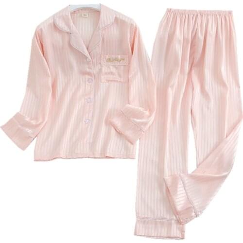 Couples Pajamas Long Sleeve Pants Set Spring and Autumn Ice Silk Lapel Simple Leisure Home Wear Womens Thin