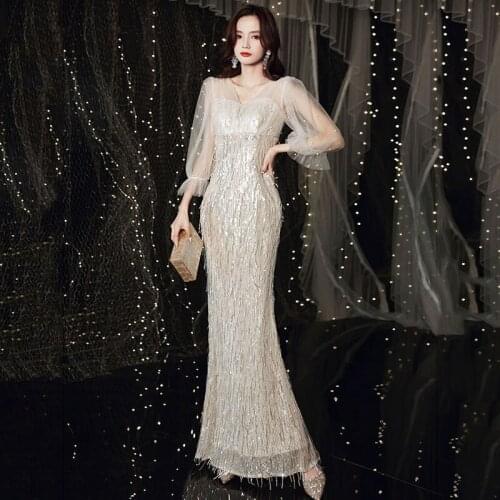 Gold Mermaid Sequins V-neck Evening Dress Female Banquet Temperament Elegant Ladies Annual Meeting Sexy Prom Dress A038