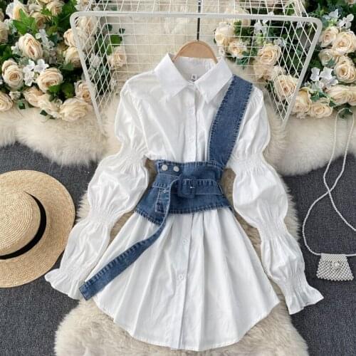 Women Blouse Sets Puff Sleeve Causal Long Blusas Shirt + Belt Slim Waist Demin Vest 2021 Spring New Korean Outfit