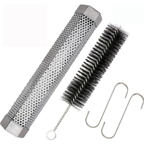 Behogar Pellet Smoking Mesh Tube 12inch Hexagonal Stainless Steel BBQ Wood Pellet Smoker Tube with Hook Cleaning Brush for Grill