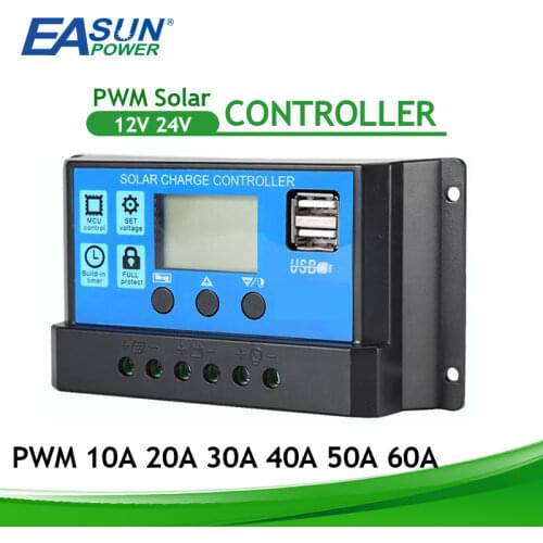 Solar Charge Controller 12V 24V Auto 10A 20A 30A 40A 50A 60A PWM 5V Output Regulator PV Home Battery Charger LCD Dual USB