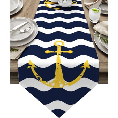 Navy Blue Ripple Yellow Anchor Table Runners Home Dining Coffee Table Decor Table Cloth Wedding Decoration Table Cover