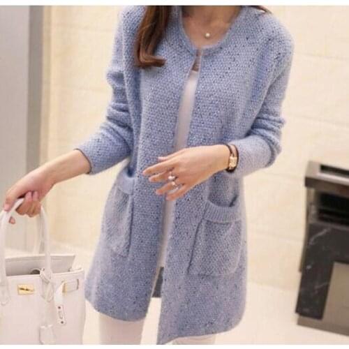 Girls Knitted Cardigan 2021 Autumn Korean Womens Mohair Pocket Medium Length Sweater Knitted Cardigan Coat