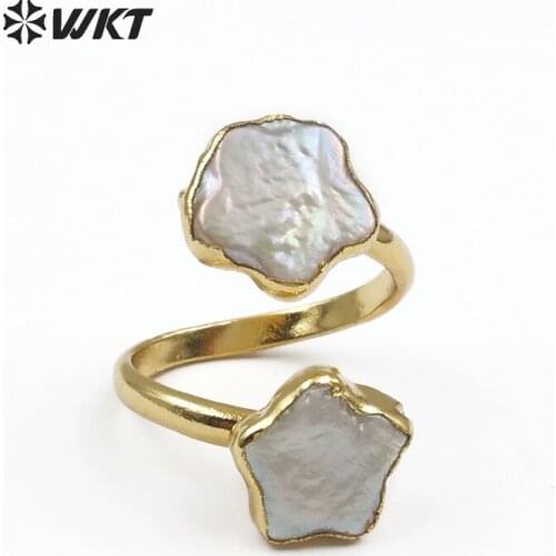 WT-R327 Bohe Jewelry Natural Freshwater Pearl In Flower Shape Double Floral With Gold Metal Plated Romantic Botanical Gift