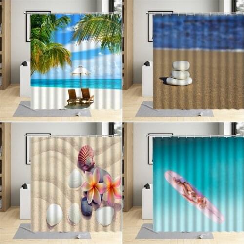 Beach Shower Curtain Sea Palm Tree Shell Stone Vacation Summer Ocean Scenery Bathroom Decor Polyester Cloth Hanging Curtain Set