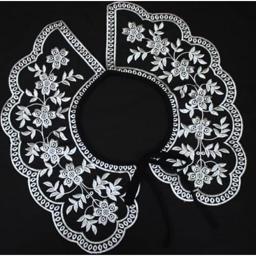 Women Black Floral Embroidered Fake Collar Shawl Dress Shirt Shoulder Wrap False Collar Detachable Collars Decrative