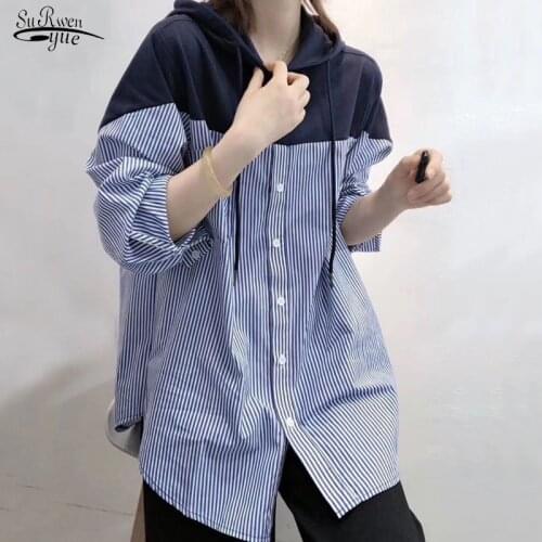 2021 Autumn Korean Style Loose Hoodies Women Drawstring Tops Hooded Striped Stitching Shirt Female Sweatshirts Plus Size 11943