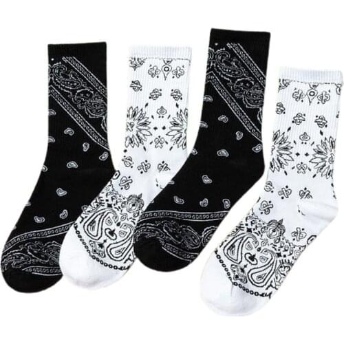 Women Men Ethnic Paisley Floral Print Crew Socks Harajuku Hip Hop Black White Street Skateboard Casual Sport Cotton Mid 094B