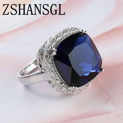 Top Quality Big CZ deep Blue Austrian Crystal 925 sterling silver Wedding Ring Jewelry For Women Full Sizes Wholesale 2019