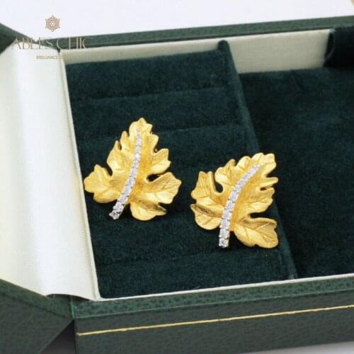 18K Gold Tone Leaves CZ Earrings Nature Element Handmade 925 Sterling Silver Tone Trees Post Earring Vintage Studs C11E4S25142